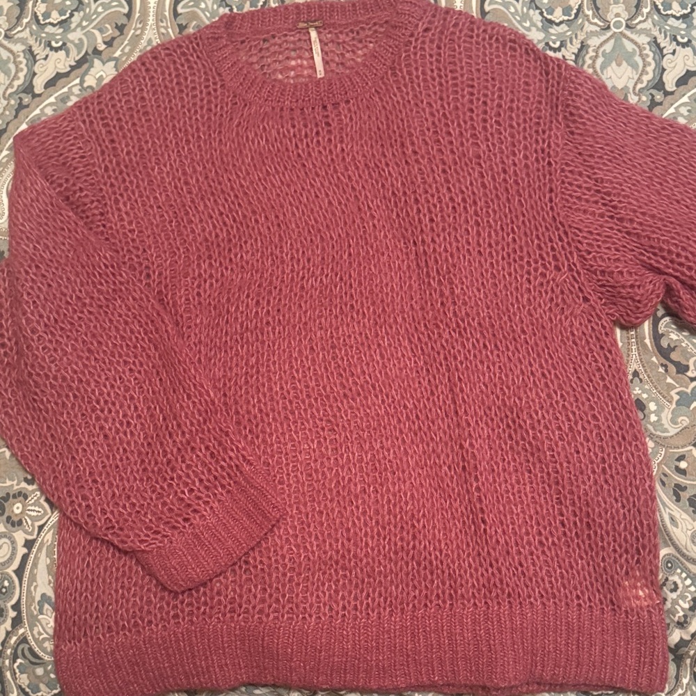 Free People Burgundy Crewneck Chunky-Knit Sweater